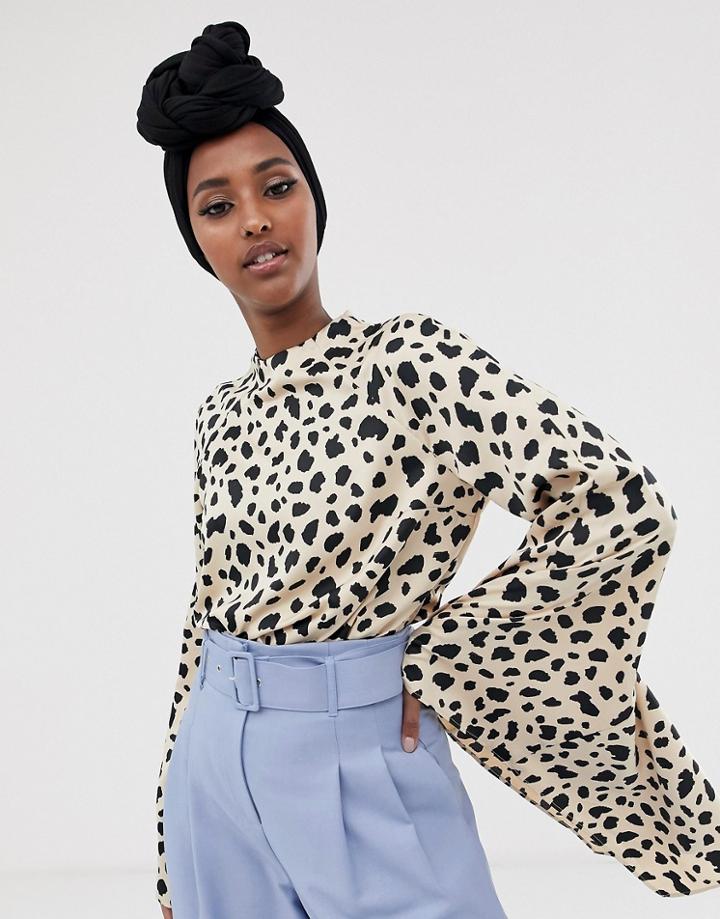Asos Design High Neck Top In Pebble Print With Fluted Sleeve - Multi