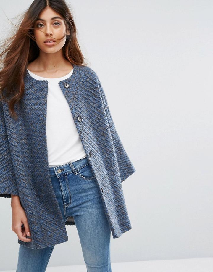 Helene Berman Wool Blend Kimono Bobble Knit Coat - Blue