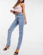 Femme Luxe High Waist Ripped Knee Straight Leg Jean In Light Blue Wash-blues