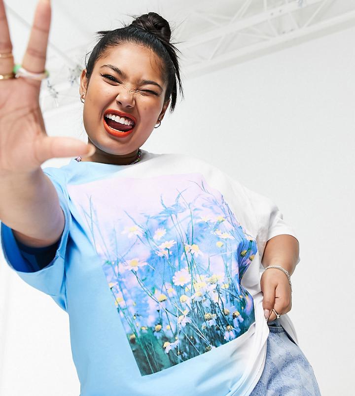 Asos Design Curve Oversized T-shirt In Ombre With Floral Photo Front Graphic Print-multi