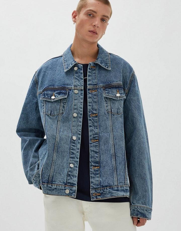 Pull & Bear Denim Trucker Jacket In Dark Blue-blues