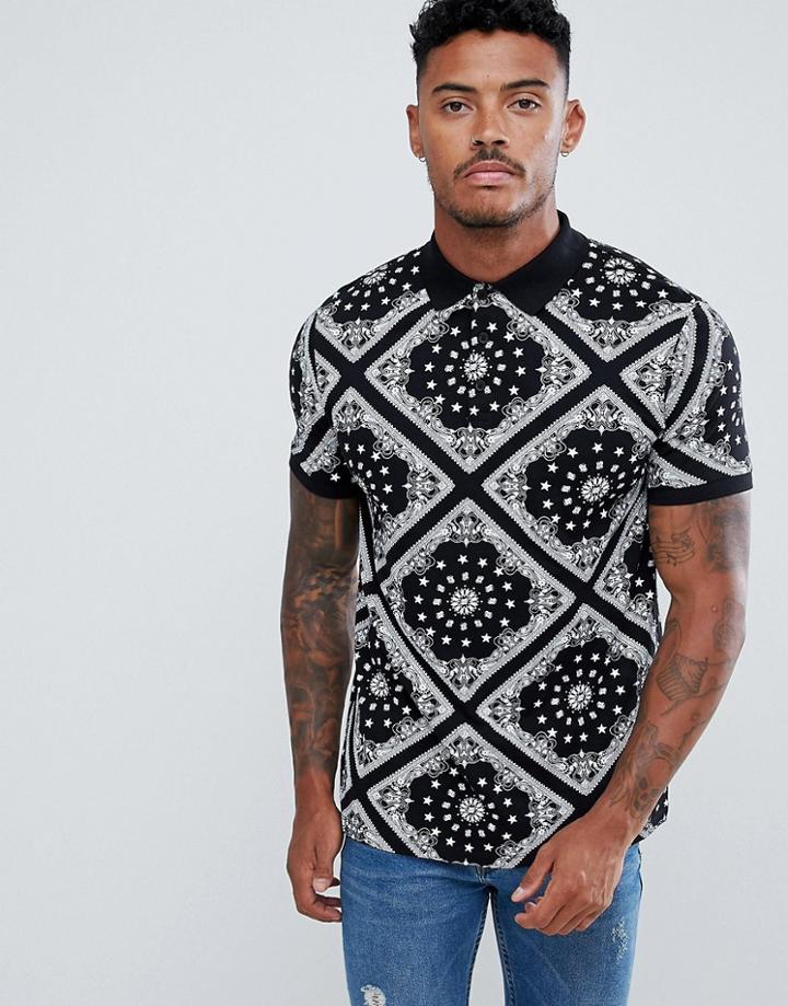 Asos Design Polo Shirt With All Over Bandana Print - Black
