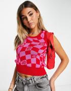 Asos Design Knitted Tank In Distorted Check Pattern-pink