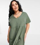 Asos Design Curve Button Through Mini Smock Dress With Pockets In Khaki-green
