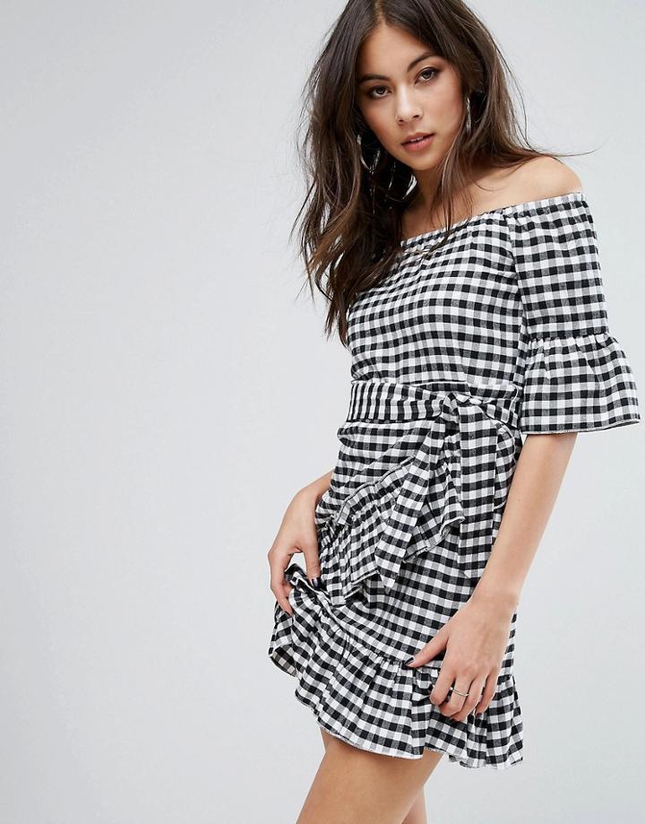 Prettylittlething Gingham Frill Bardot Dress - Black