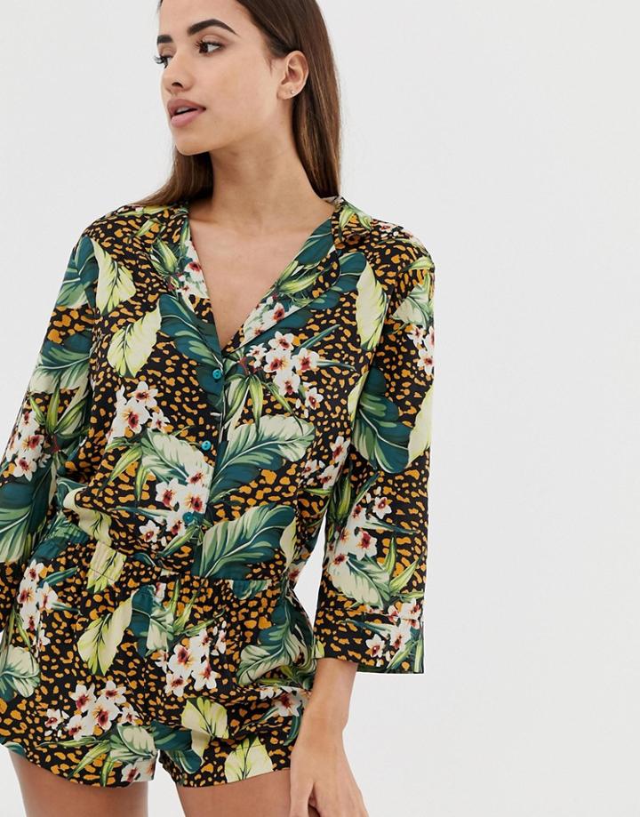 Asos Design Animal & Palm Short Pyjama Set In 100% Modal-multi