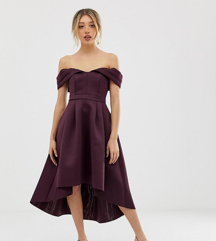 Asos Petite Bardot Cold Shoulder Dip Back Midi Prom Dress-purple