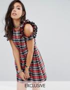 Milk It Vintage Cold Shoulder Dress With Ruffles In Plaid - Red