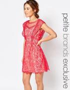 Little Mistress Petite All Over Lace Skater Mini Dress With Frill Sleeve Detail - Coral