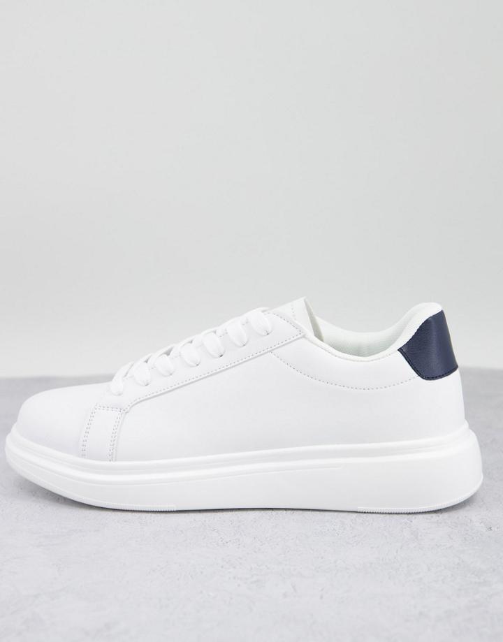 Brave Soul Flatform Minimal Lace Up Sneakers In White/navy