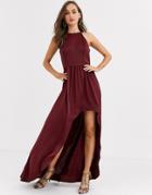 Chi Chi London High Low Satin Skater Dress In Wine-red