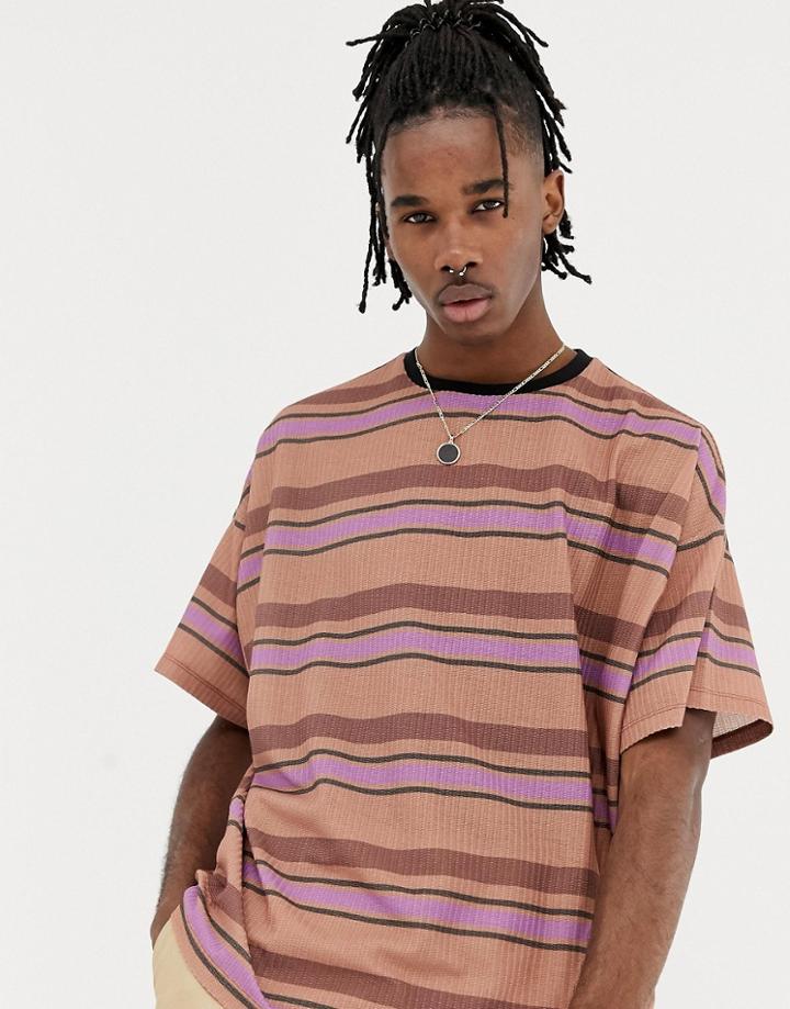 Asos Design Oversized T-shirt With Retro Stripe On Textured Jersey - Brown
