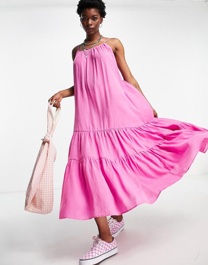 Topshop Recycled Blend Premium Cami Tiered Maxi Dress In Pink
