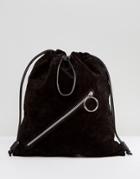 Asos Suede Drawstring Backpack With Slanted Zip Front Detail - Black