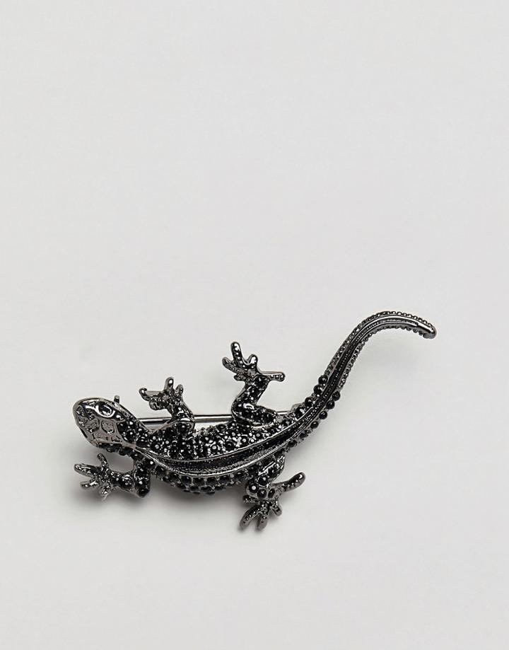 Asos Design Lizard Brooch With Stones In Gunmetal - Black