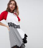 Asos Design Petite Mixed Fabric Stripe And Lace Insert Dress - Multi