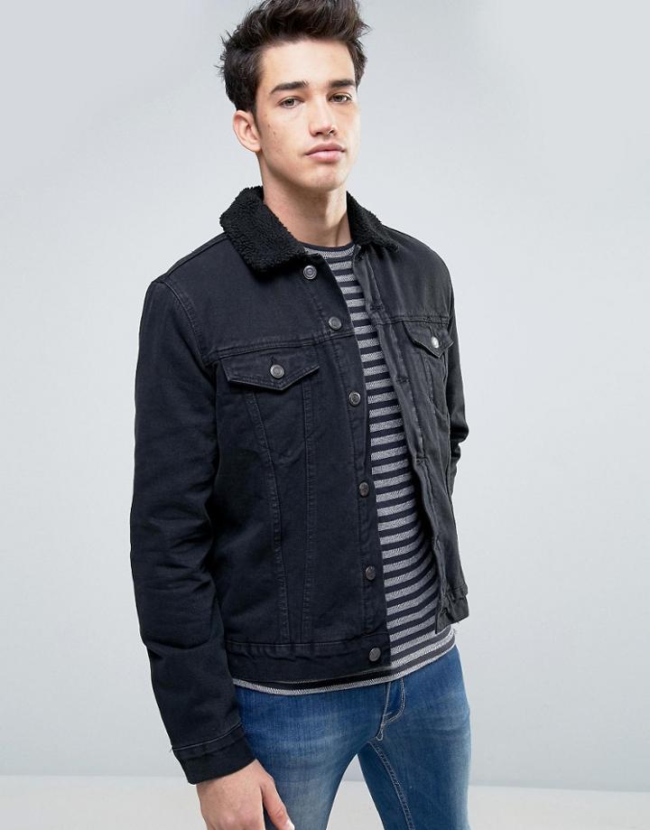 New Look Denim Jacket With Borg Detail In Black - Black
