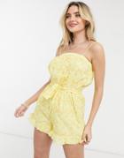 Asos Design Lemon Broderie Frill Hem Tie Waist Romper In Lemon-yellow