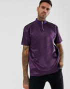Asos Design Relaxed T-shirt With Turtle Zip Neck In Satin Fabric In Purple - Purple