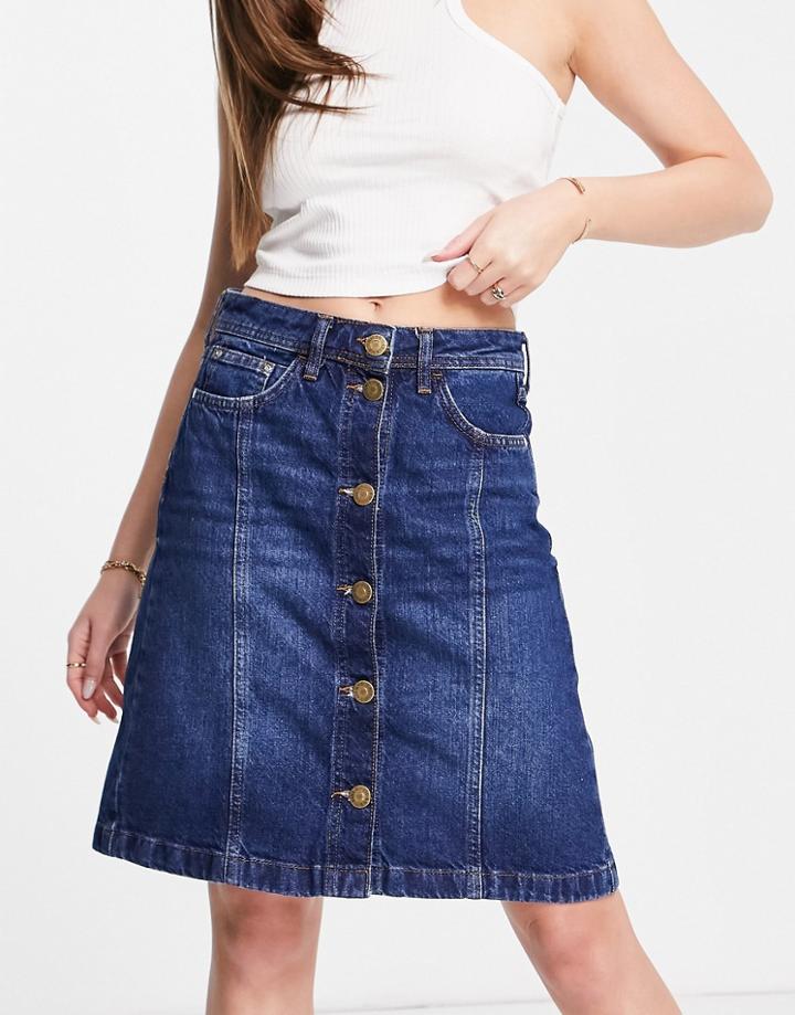 River Island Denim Button Up Skirt In Blue