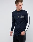 Bee Inspired Muscle Fit Long Sleeve T-shirt In Navy With Sleeve Stripe - Navy