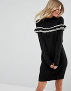 Asos Knitted Dress With Tipping And Frill - Black