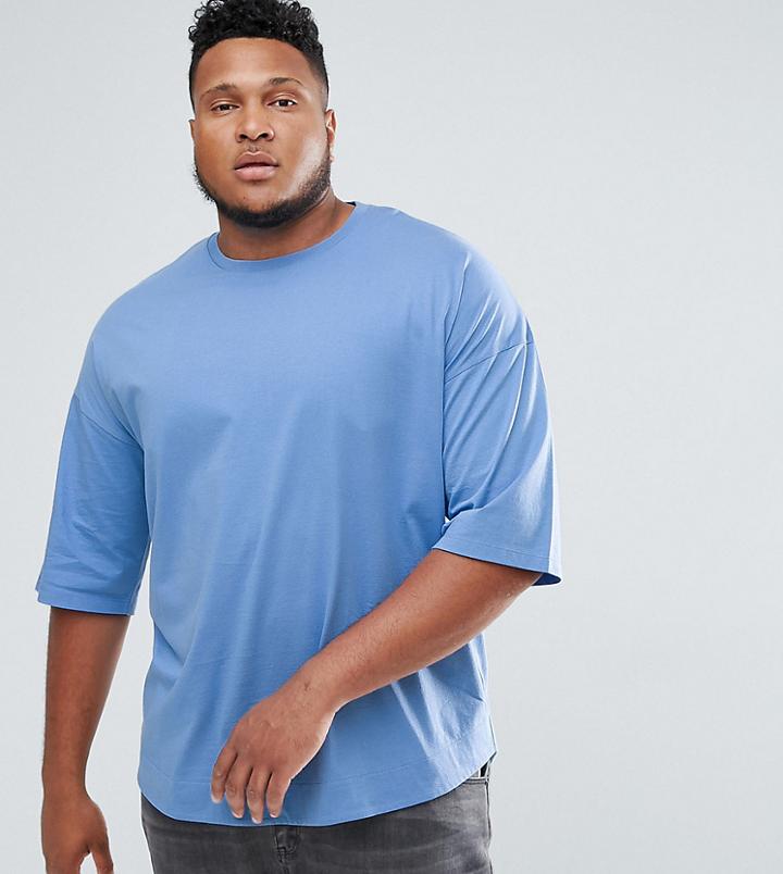 Asos Plus Oversized T-shirt With Deep Curve Hem - Blue