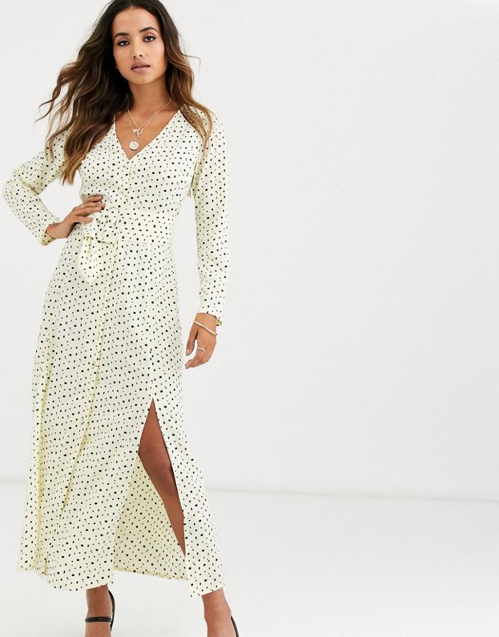 Asos Design Midi Dress With Buckle Belt In Polka Dot-multi