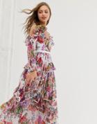 Needle & Thread Ruffle Cold Shoulder Maxi Dress In Allover Floral Print-white