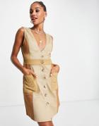 Asos Design Button Through Color Block Twill 70s Pinny Mini Dress-multi