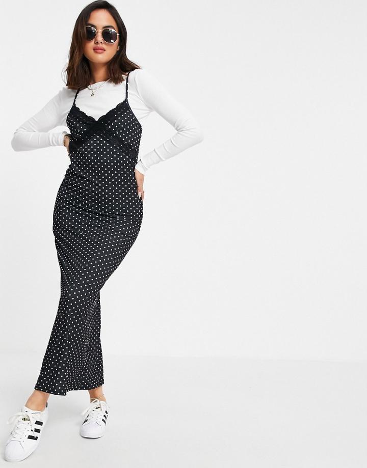 Asos Design 2-in-1 Maxi Dress With Lace Trim In Mono Dot-multi
