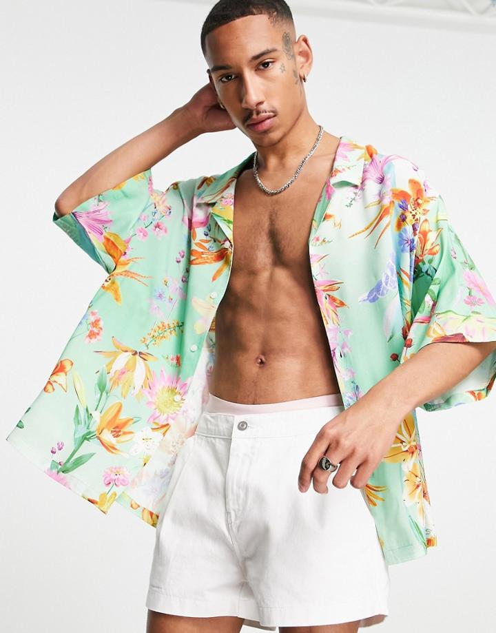 Asos Design Dropped Shoulder Oversized Camp Collar Shirt With Eastern Floral Print-green