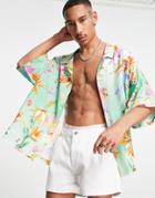 Asos Design Dropped Shoulder Oversized Camp Collar Shirt With Eastern Floral Print-green