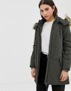 Only Sarah Parka Coat With Faux Fur Hood - Green
