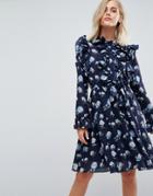 Liquorish Floral Dress With Ruffles - Navy