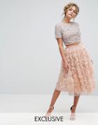 Lace & Beads Tulle Midi Skirt With 3d Shirring Detail - Pink