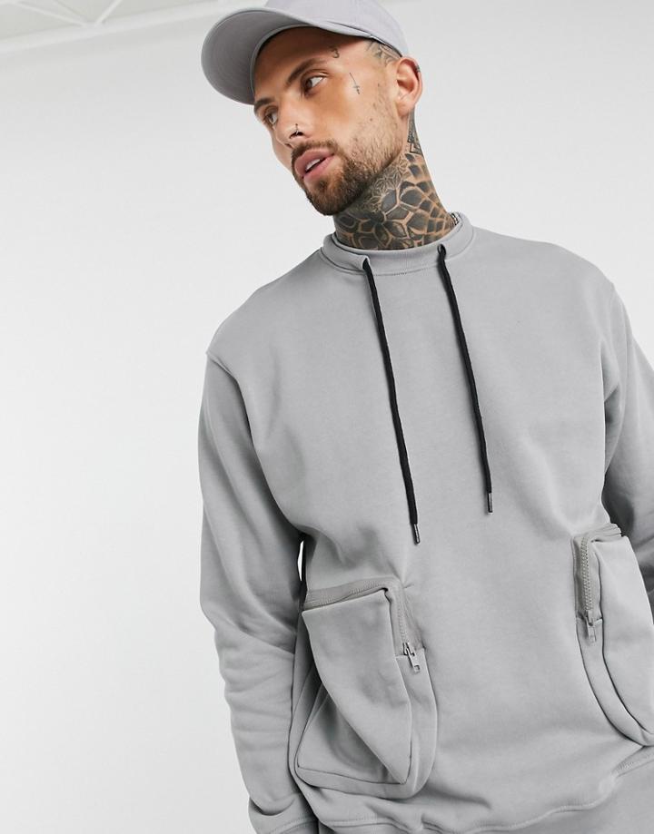 Mennace Utility Sweatshirt With Neck Cord Getail In Gray-grey