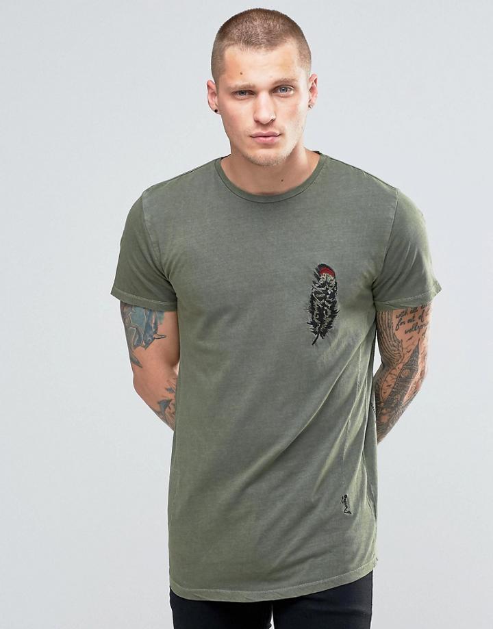 Religion T-shirt In Oil Wash With Feather Embroidary Detail - Green
