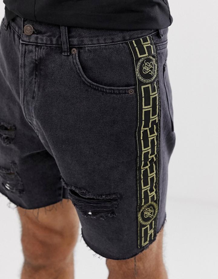 Siksilk Denim Shorts In Black With Gold Side Stripe - Black