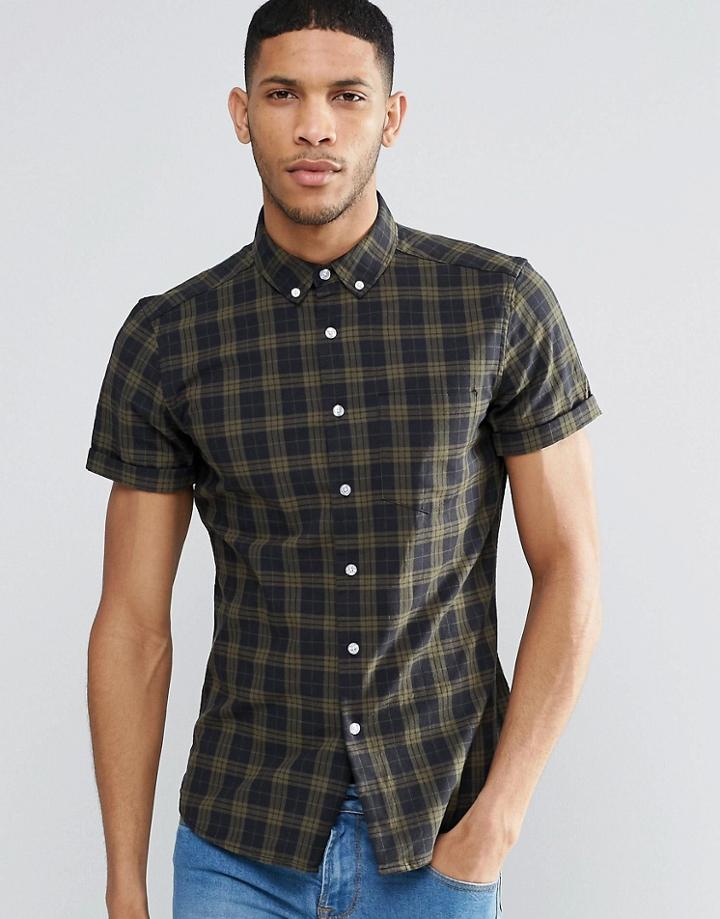 Asos Skinny Shirt With Grid Check In Green With Short Sleeves - Green
