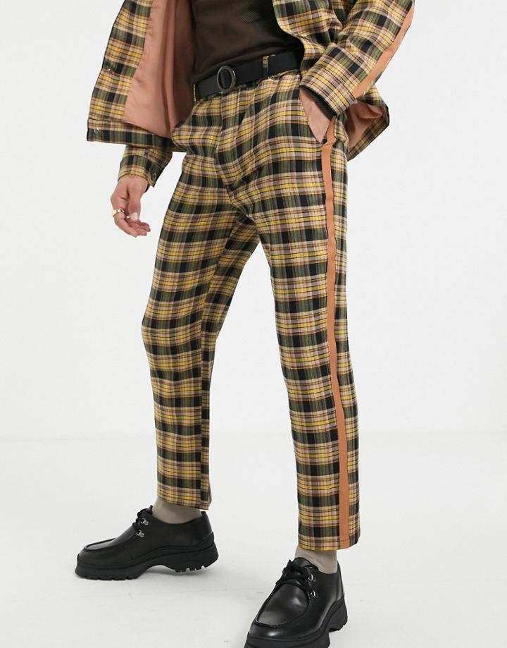 Sacred Hawk Straight Fit Pants In Mustard Check With Side Stripe-yellow