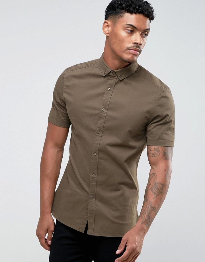 Asos Skinny Twill Shirt In Khaki - Green