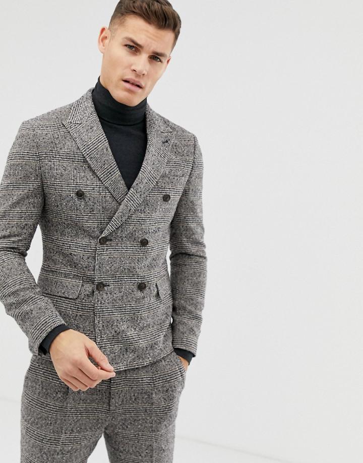 Asos Design Slim Crop Double Breasted Suit Jacket In Camel Check - Tan