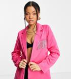 Missguided Petite Satin Rhinestone Fringe Blazer In Hot Pink