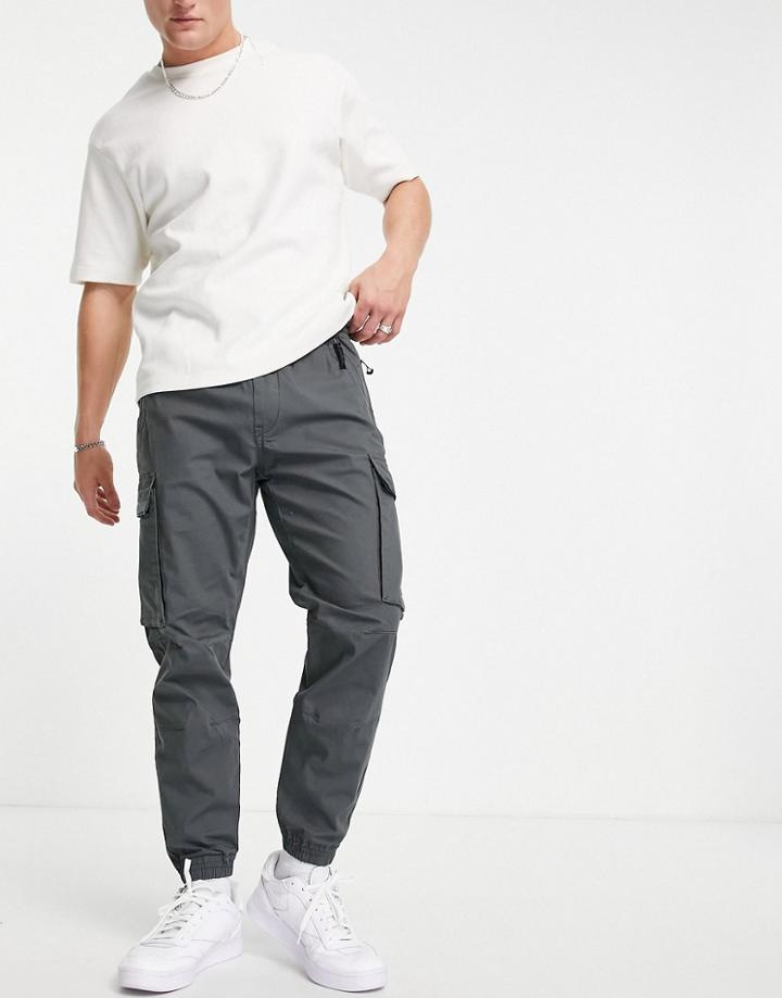 Pull & Bear Ripstop Cargo Pants In Dark Gray-grey