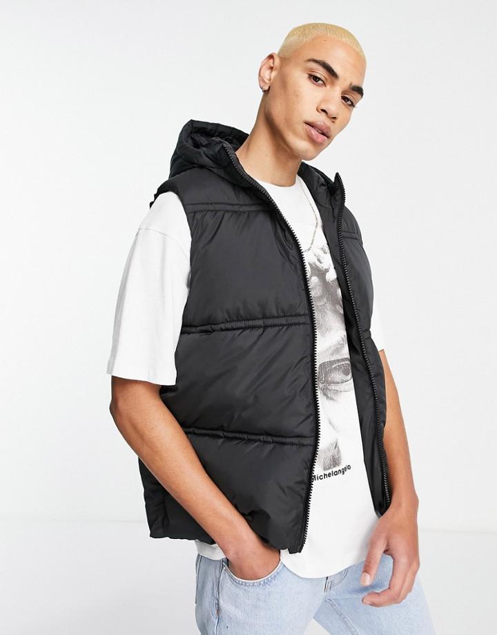 Asos Design Puffer Vest With Hood In Black