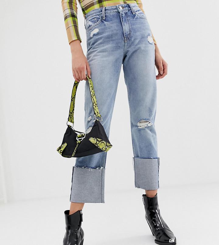 River Island Boyfriend Jeans With Turn Ups In Mid Wash - Blue