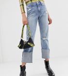 River Island Boyfriend Jeans With Turn Ups In Mid Wash - Blue