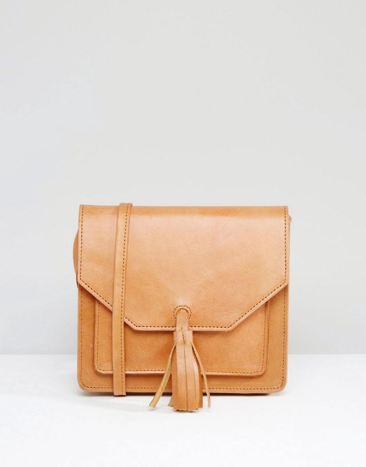 Asos Leather Cross Body Bag With Tassel - Tan
