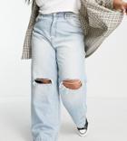 Dtt Plus High Rise Straight Dad Jeans With Knee Rips-blue